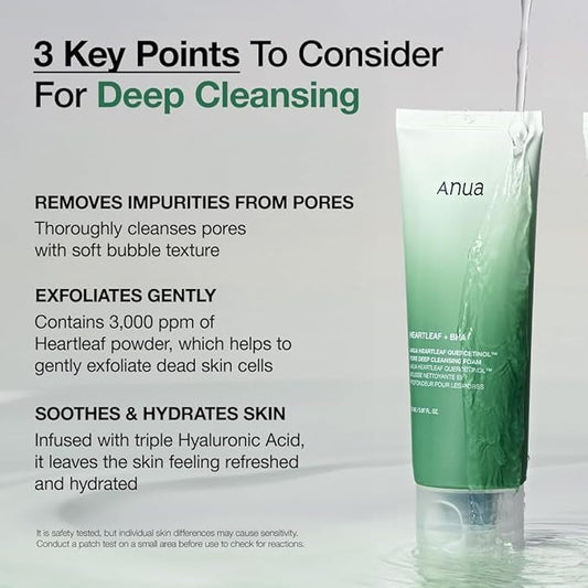 ANUA Heartleaf Quercetinol Pore Deep Cleansing Foam, Facial Cleanser, for Double Cleansing, BHA, Hyaluronic Acid, Glycerin, Face Wash, Blackhead Remover, Korean Skincare