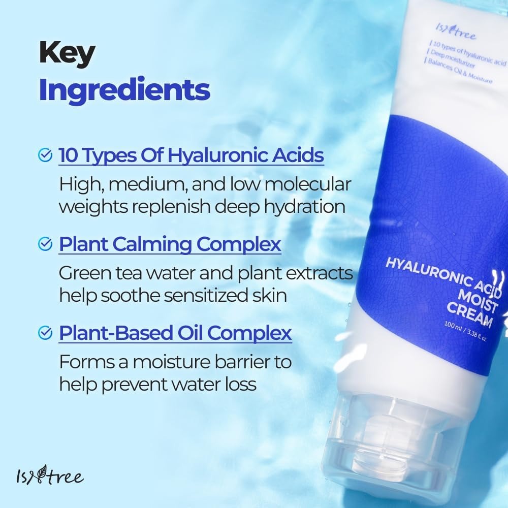 ISNTREE Hyaluronic Acid Moist Cream 100ml, 3.38 fl.oz | Korean Skincare | Deep Hydration for Dry Skin | Balances Oil & Moisture | Lightweight & Non-Greasy | Fragrance-Free